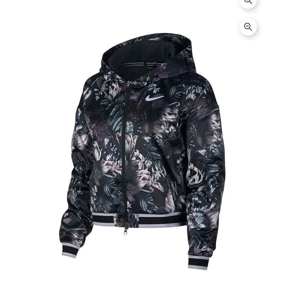 154 Nike Womens Sz M Dri-FIT Tennis Crop Jacket Floral Black Hooded Zip Lined